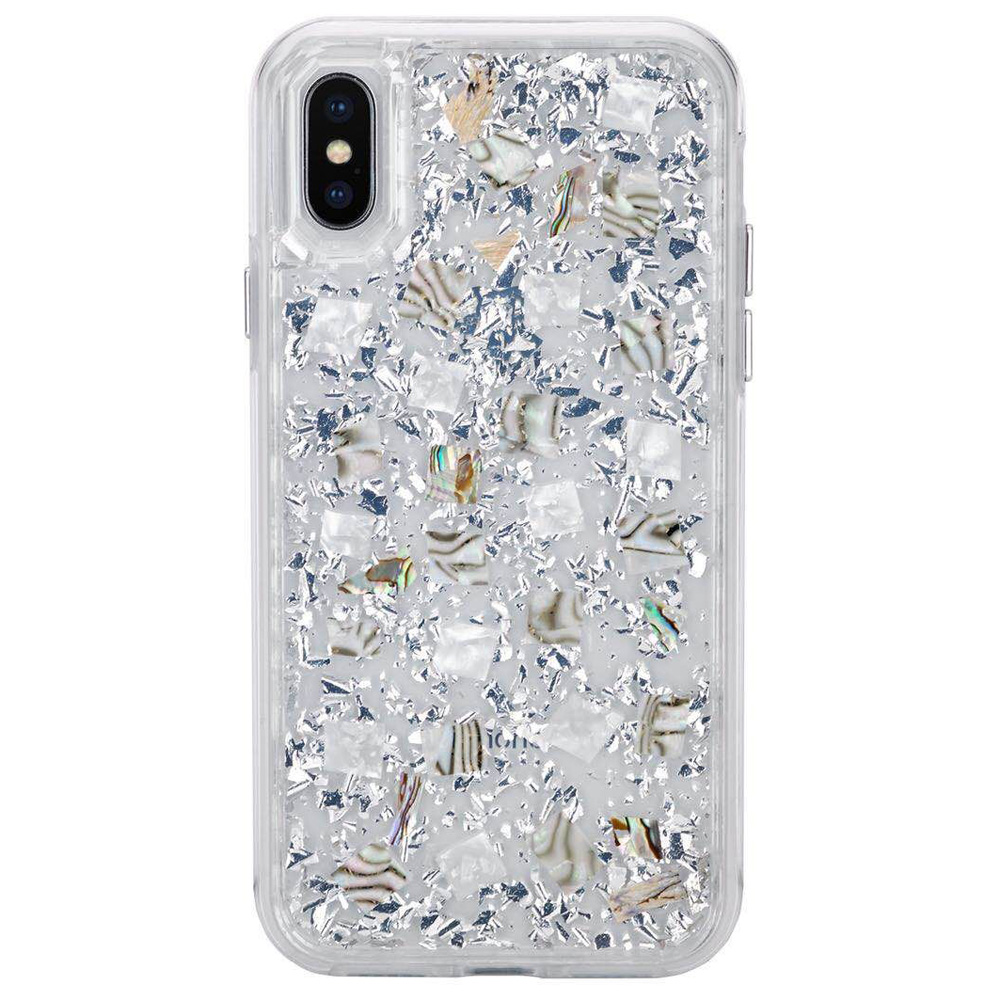 iPHONE XS / X Luxury Glitter Dried Natural Flower Petal Clear Hybrid Case (Silver Pearl)
